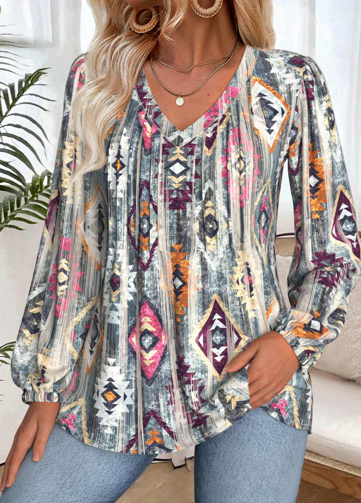 Multi Color Tummy Coverage Tribal Print Long Sleeve Blouse | picture 