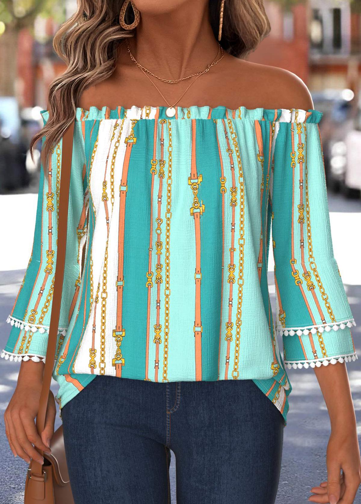 Mint Green Tummy Coverage Geometric Print 3/4 Sleeve Blouse | picture 