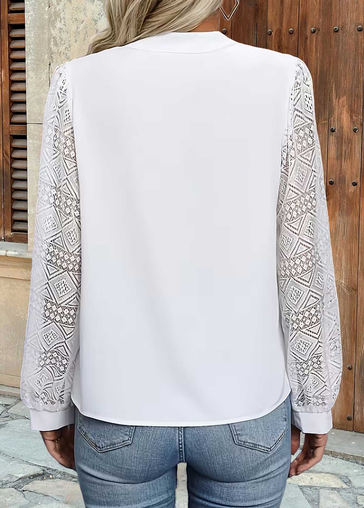 White Patchwork Long Sleeve Split Neck Blouse | picture 