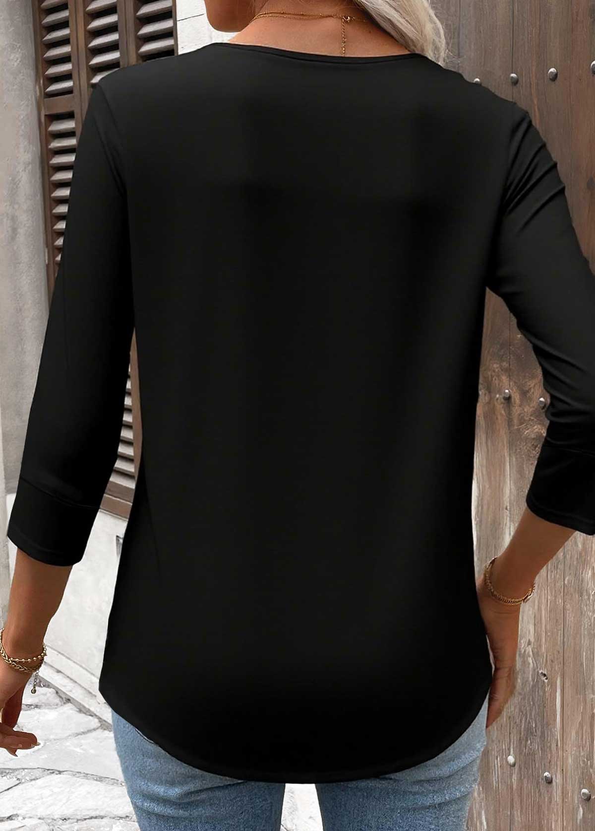 Black Tummy Coverage 3/4 Sleeve Round Neck T Shirt | picture 