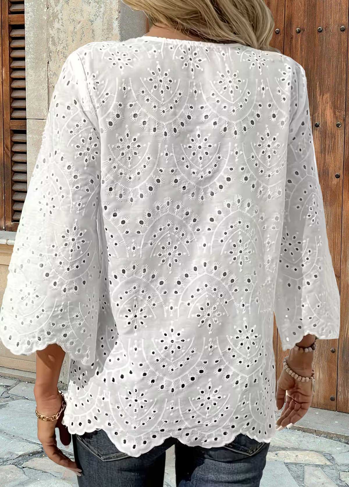 White Scalloped Hem 3/4 Sleeve Split Neck Blouse | picture 