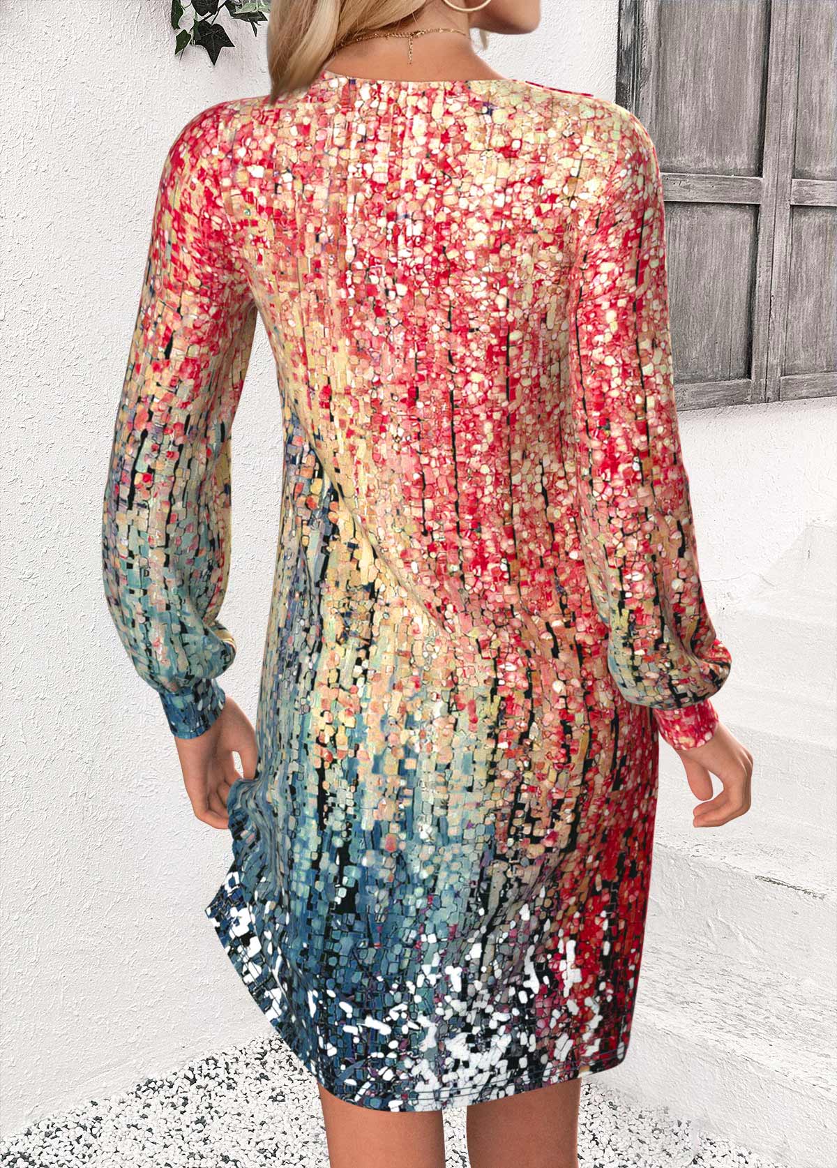 Multi Color Button Ombre A Line Long Sleeve Dress | picture 