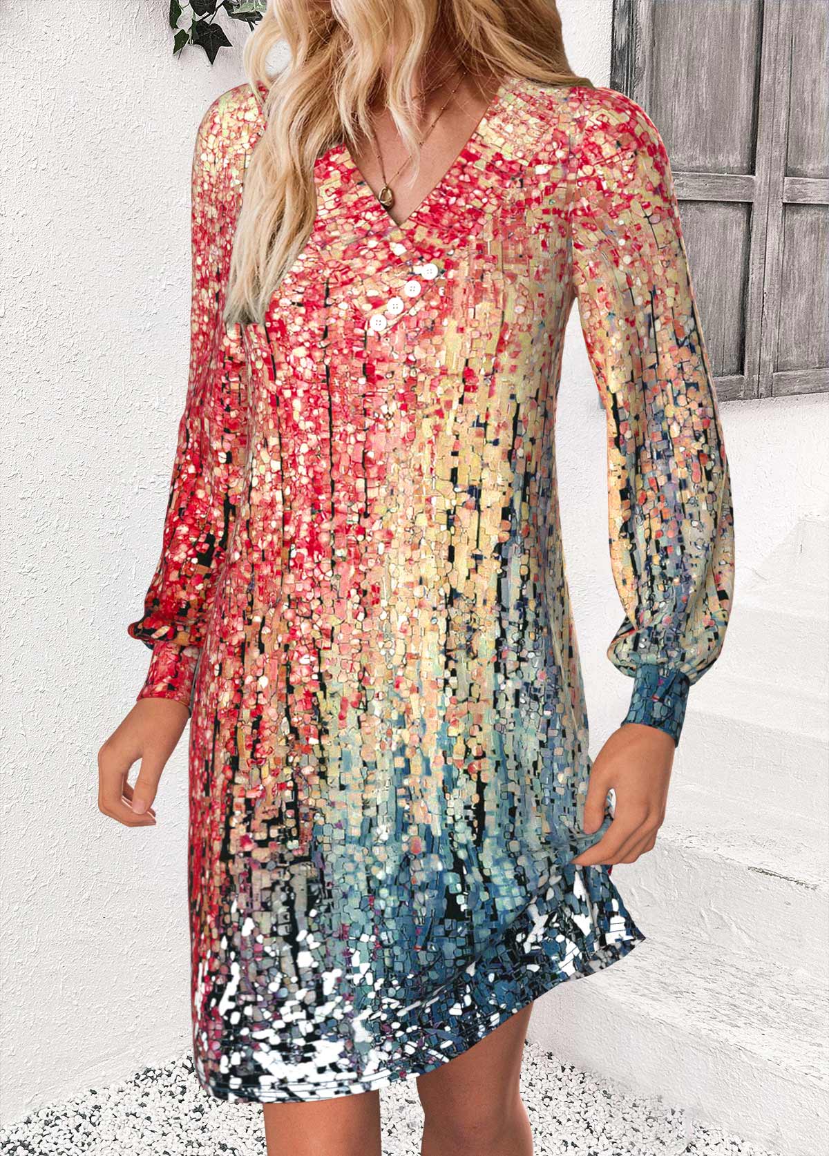 Multi Color Button Ombre A Line Long Sleeve Dress | picture 