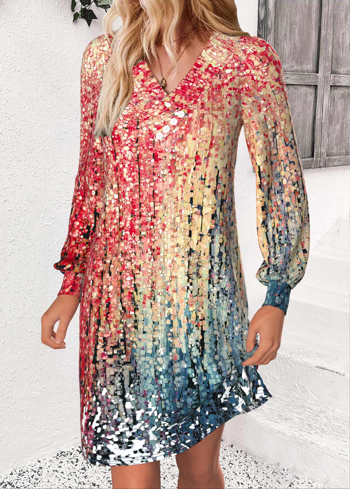 Multi Color Button Ombre A Line Long Sleeve Dress | picture 