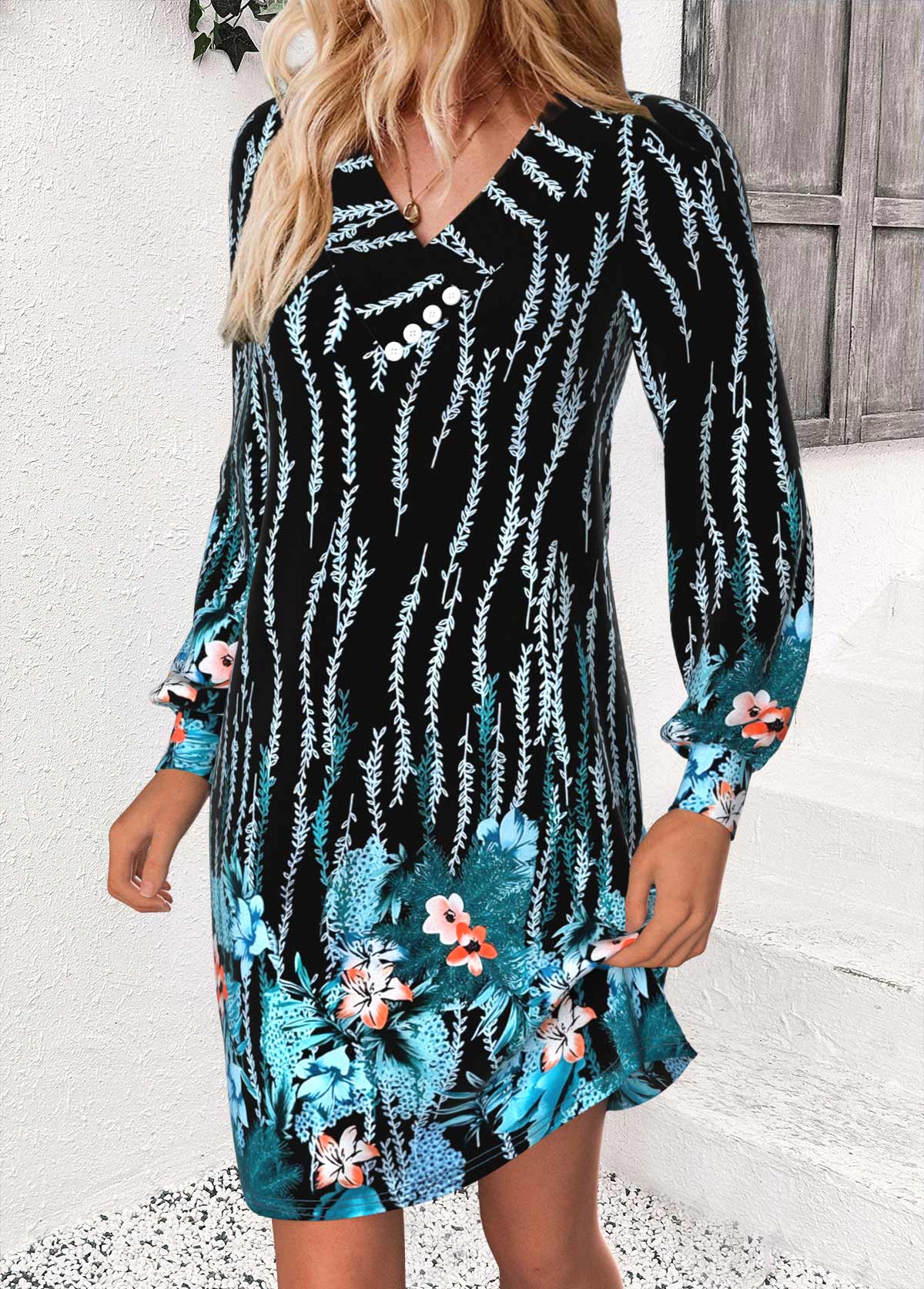 Multi Color Button Floral Print A Line Dress | picture 