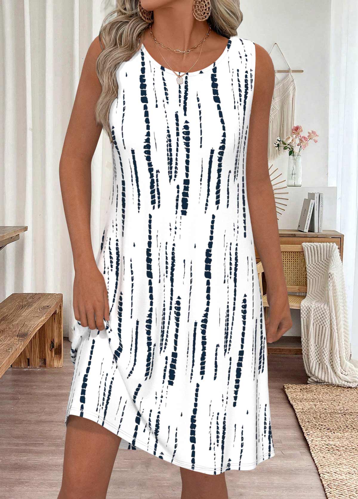 White Tie Dye Print Sleeveless Round Neck Dress | picture 
