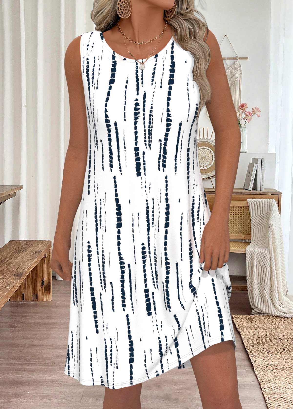 White Tie Dye Print Sleeveless Round Neck Dress | picture 