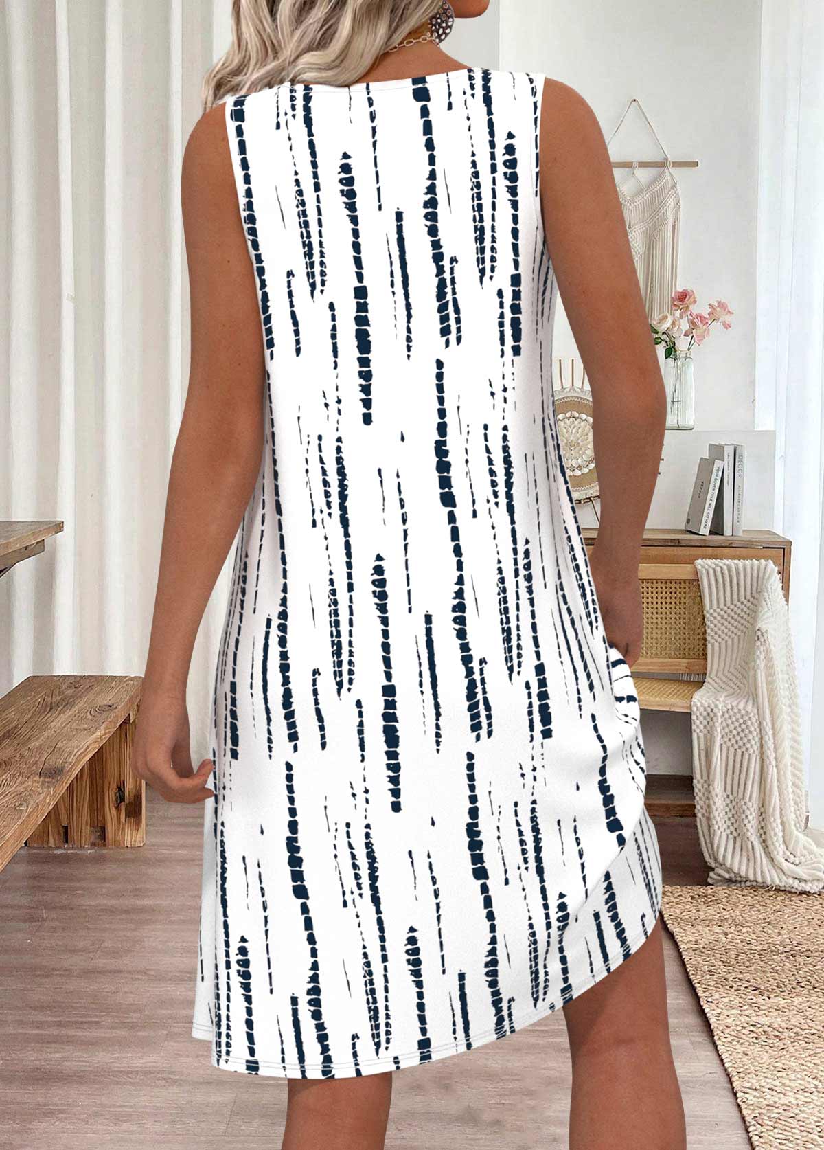 White Tie Dye Print Sleeveless Round Neck Dress | picture 