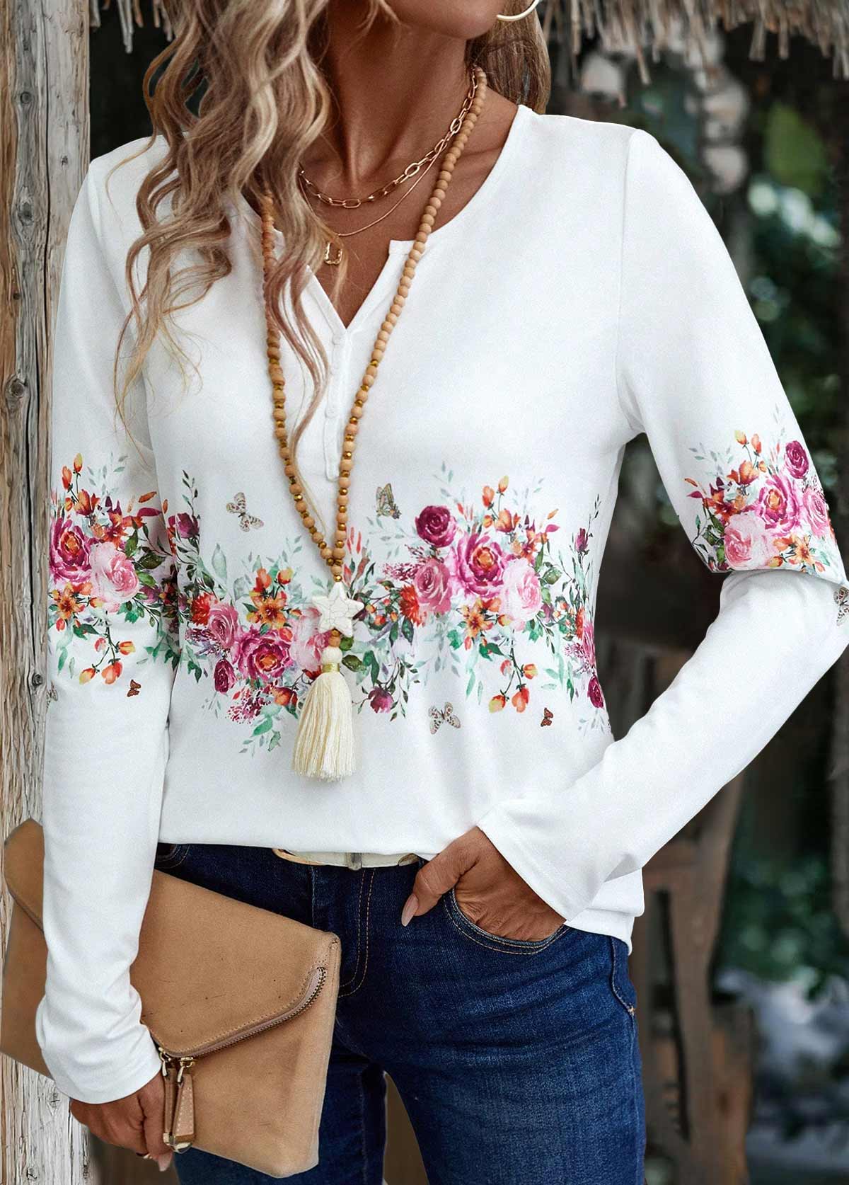 White Button Floral Print Long Sleeve T Shirt | picture 