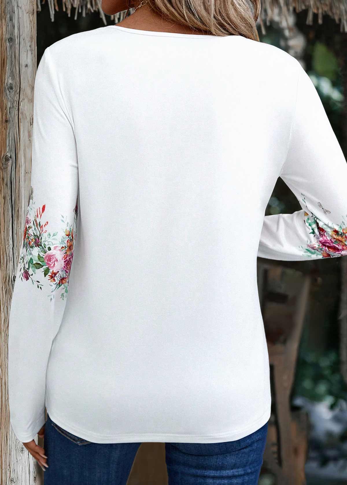 White Button Floral Print Long Sleeve T Shirt | picture 
