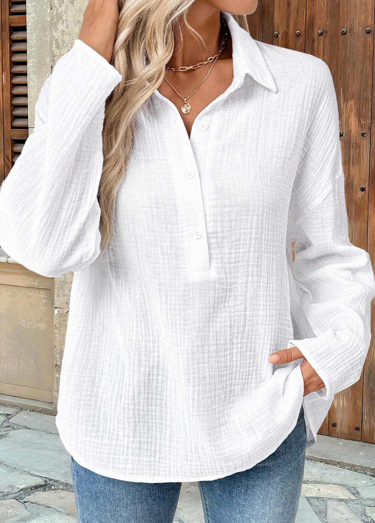 White Curved Hem Long Sleeve Shirt Collar Blouse | picture 