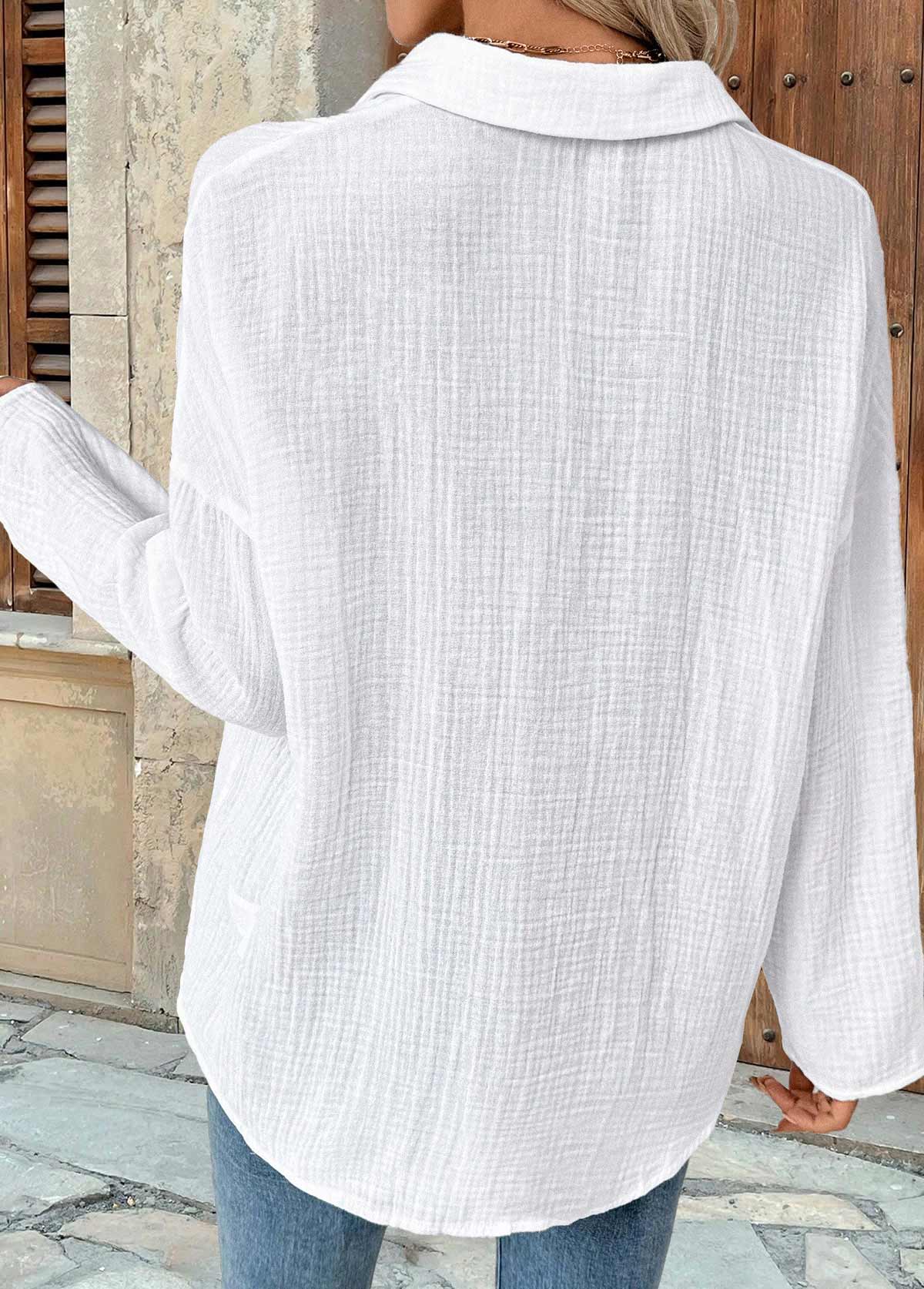 White Curved Hem Long Sleeve Shirt Collar Blouse | picture 