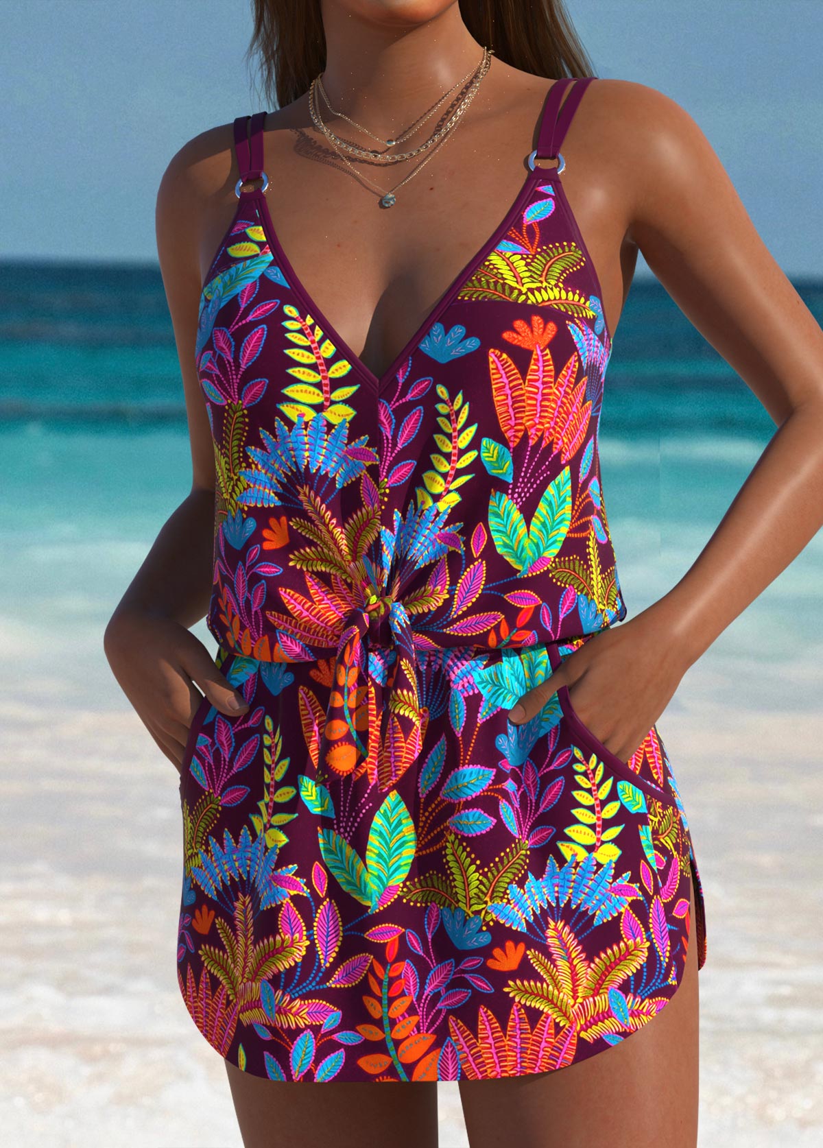Tummy Coverage Tropical Plants Print One Piece Swimdress | picture 