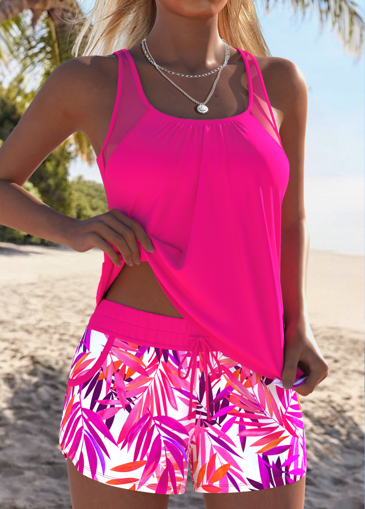 Tummy Coverage Mid Waisted Tropical Plants Print Tankini Set | picture 