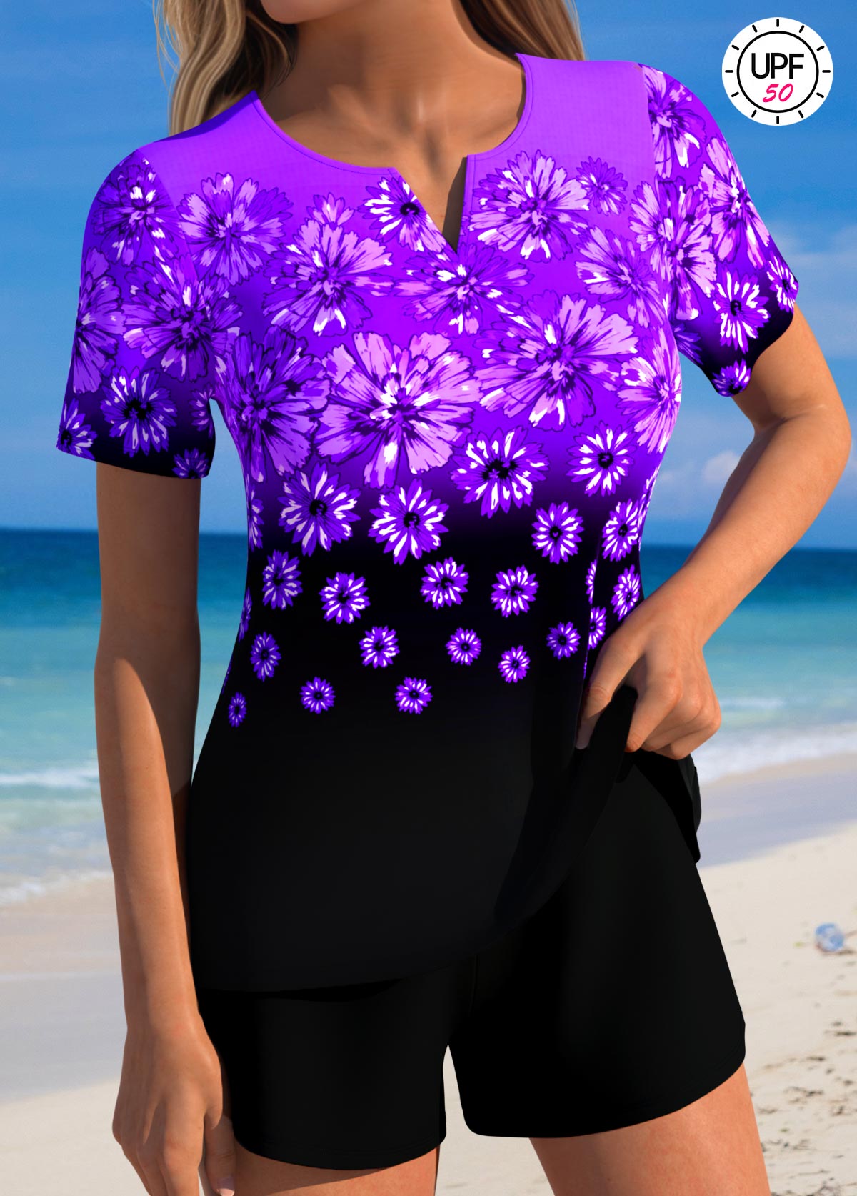 Tummy Coverage Mid Waisted Floral Print Black Tankini Set | picture 