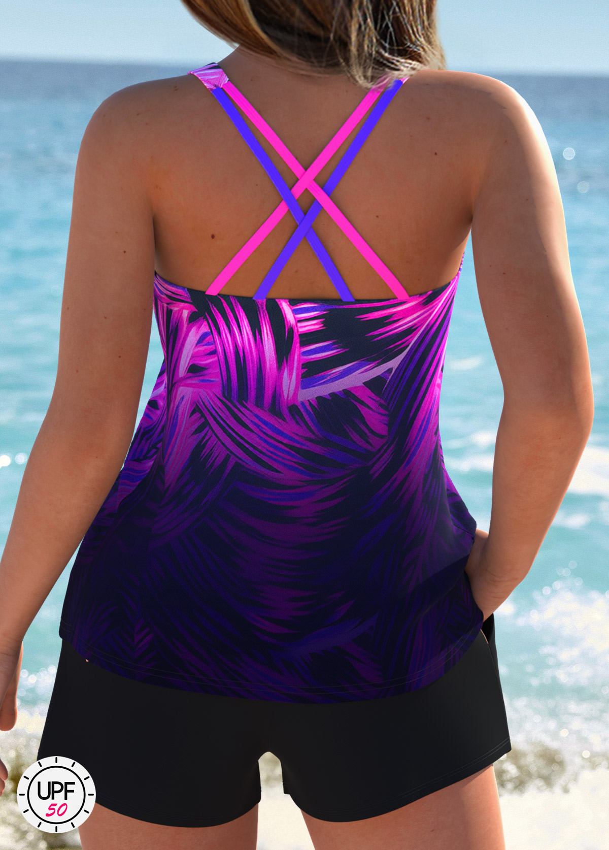 Tummy Coverage Mid Waisted Graffiti Print Purple Tankini Set | picture 