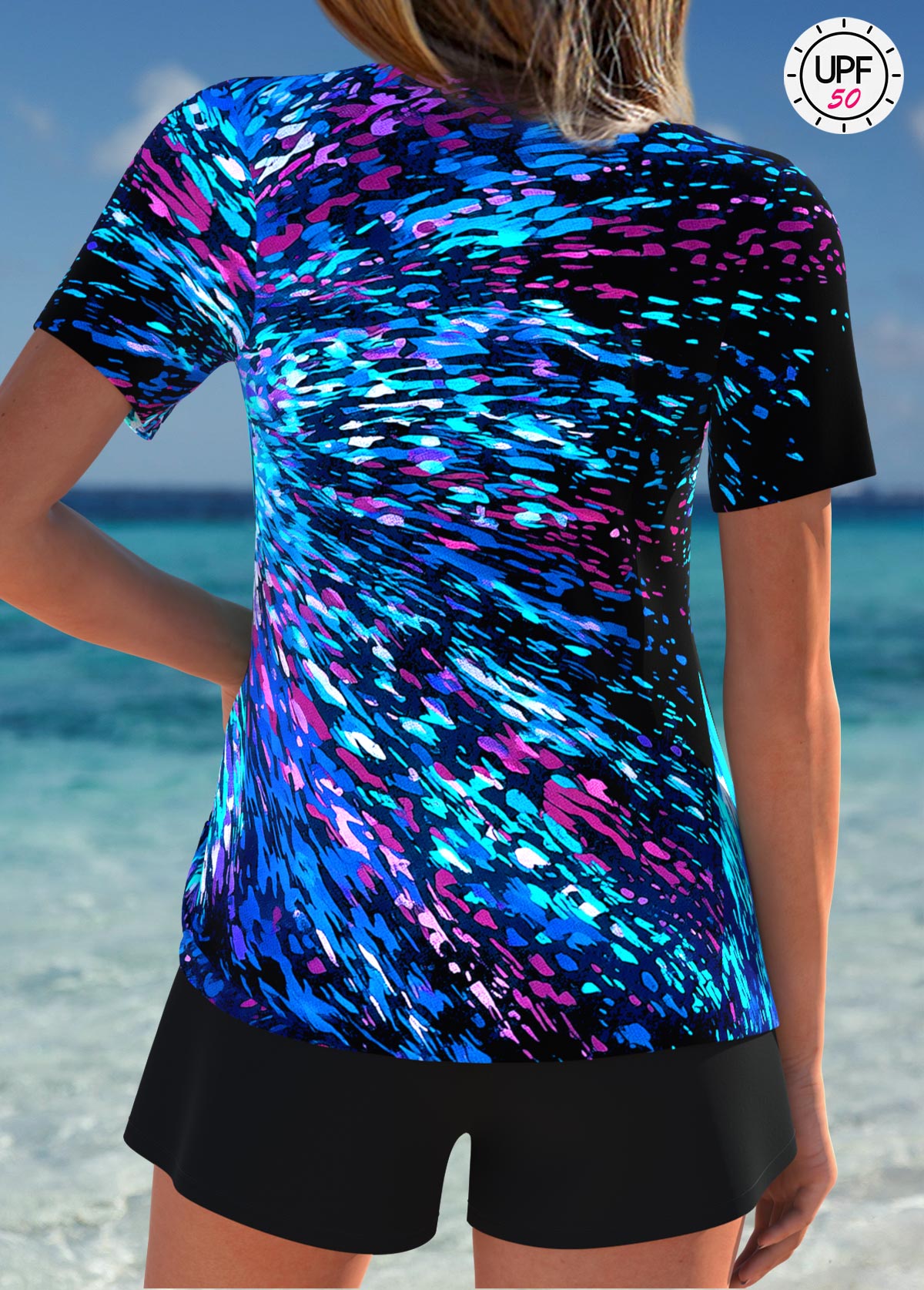 Tummy Coverage Mid Waisted Graffiti Print Blue Tankini Set | picture 