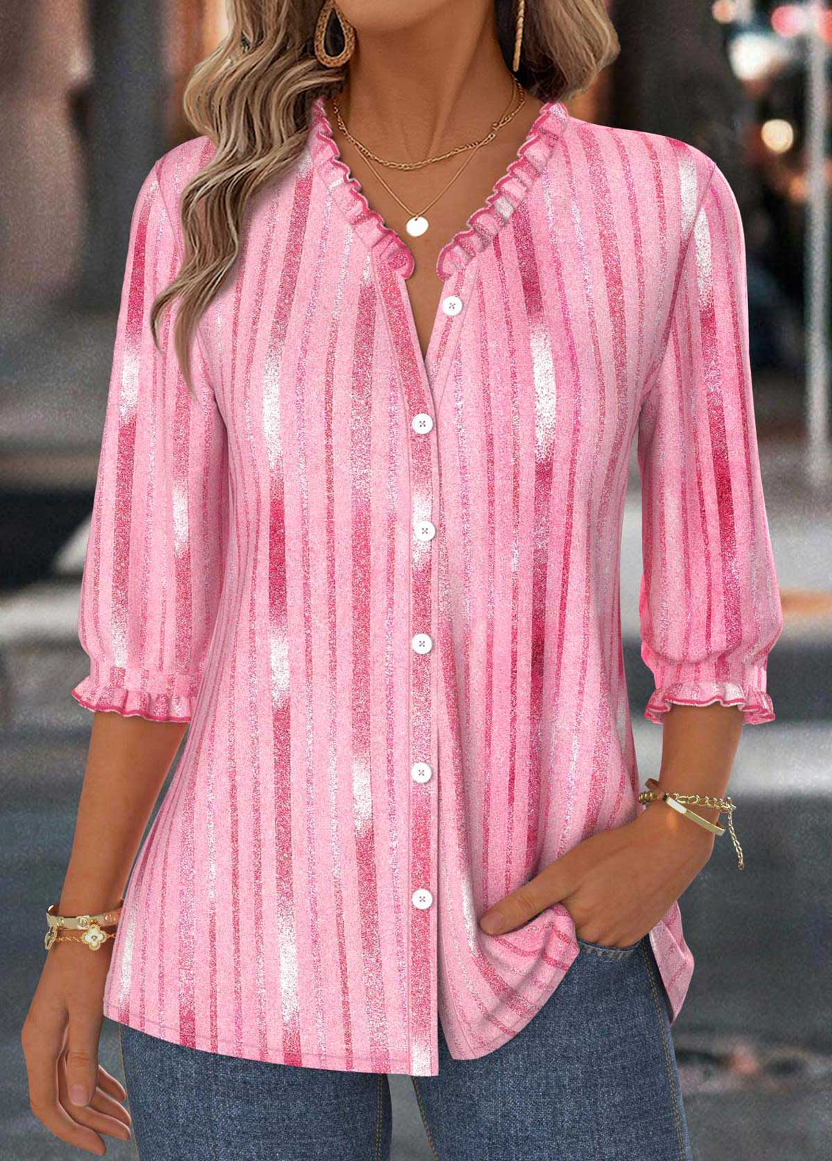 Pink Tummy Coverage Ombre 3/4 Sleeve V Neck Blouse | picture 