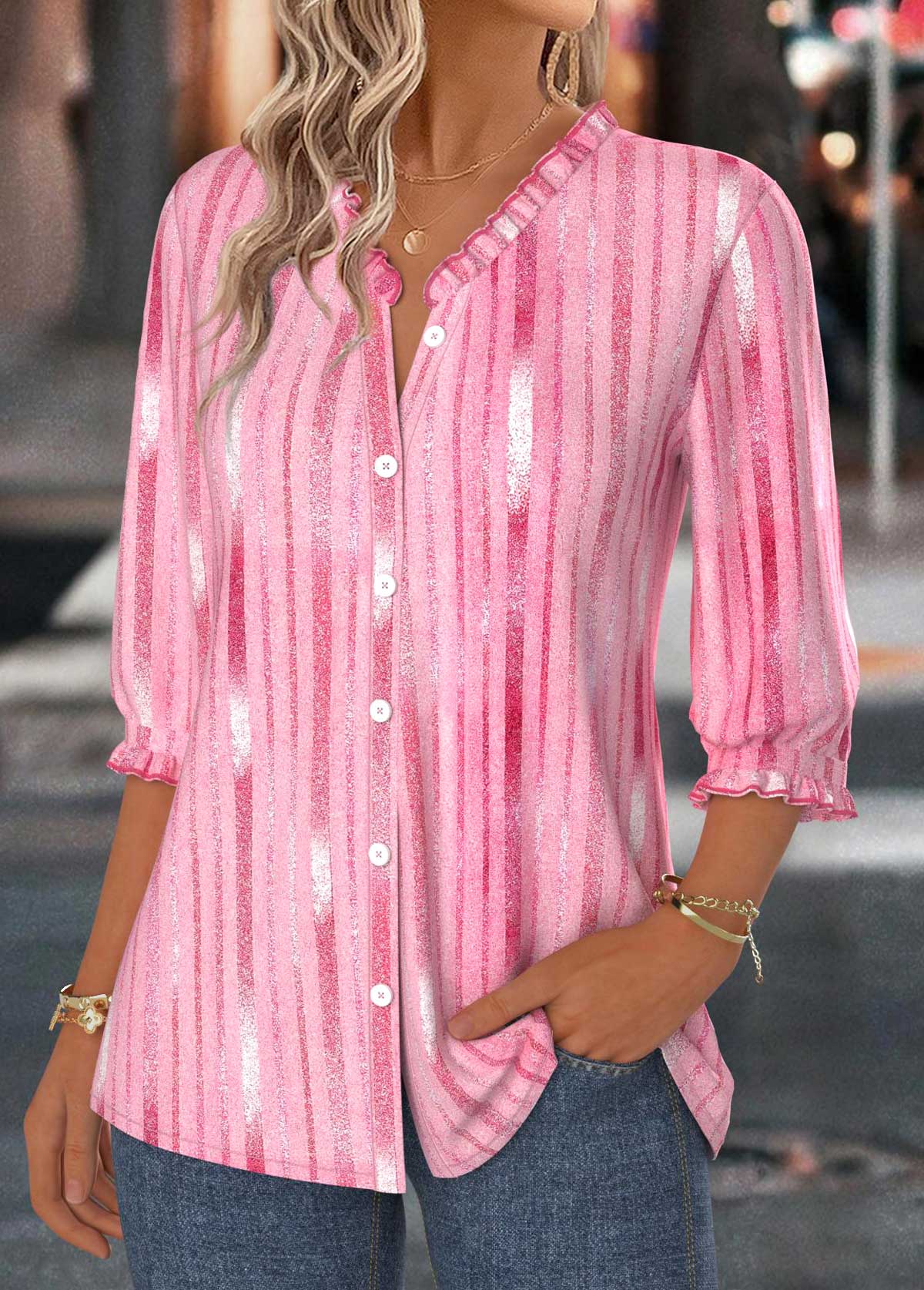 Pink Tummy Coverage Ombre 3/4 Sleeve V Neck Blouse | picture 