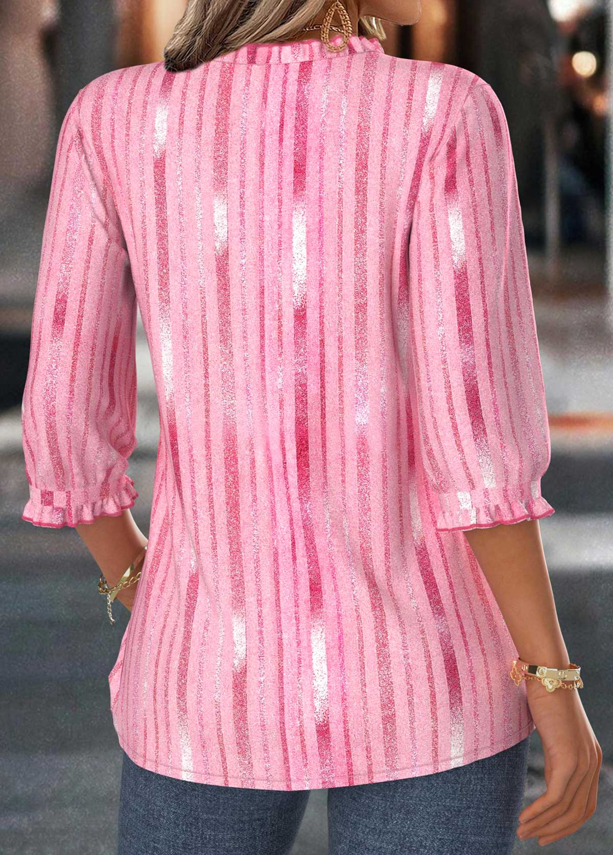 Pink Tummy Coverage Ombre 3/4 Sleeve V Neck Blouse | picture 