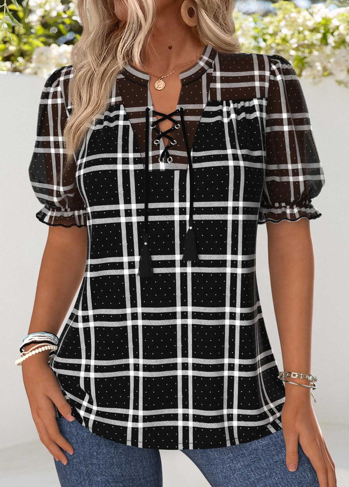 Black Tummy Coverage Plaid Short Sleeve Split Neck Blouse | picture 