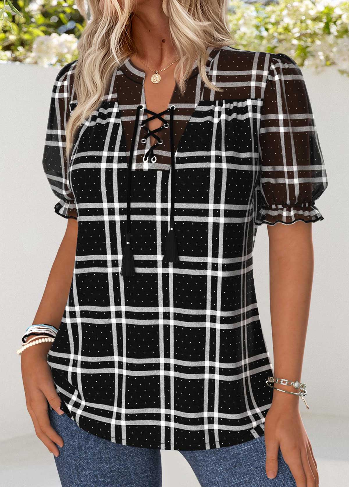 Black Tummy Coverage Plaid Short Sleeve Split Neck Blouse | picture 