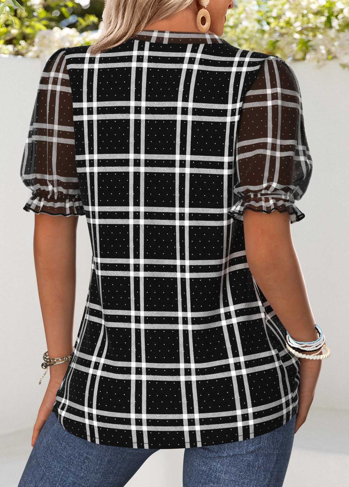 Black Tummy Coverage Plaid Short Sleeve Split Neck Blouse | picture 