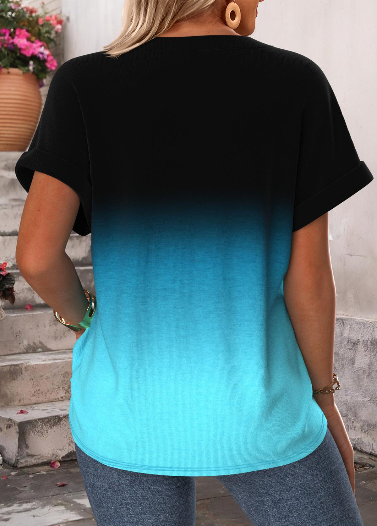 Blue Ombre Short Sleeve V Neck T Shirt | picture 