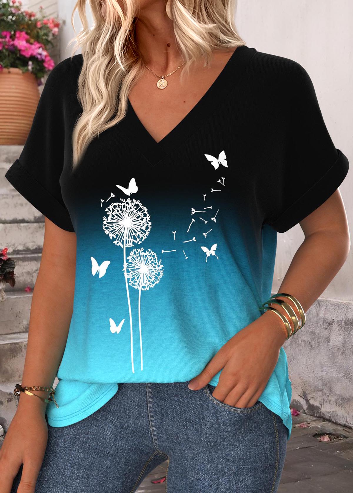 Blue Ombre Short Sleeve V Neck T Shirt | picture 
