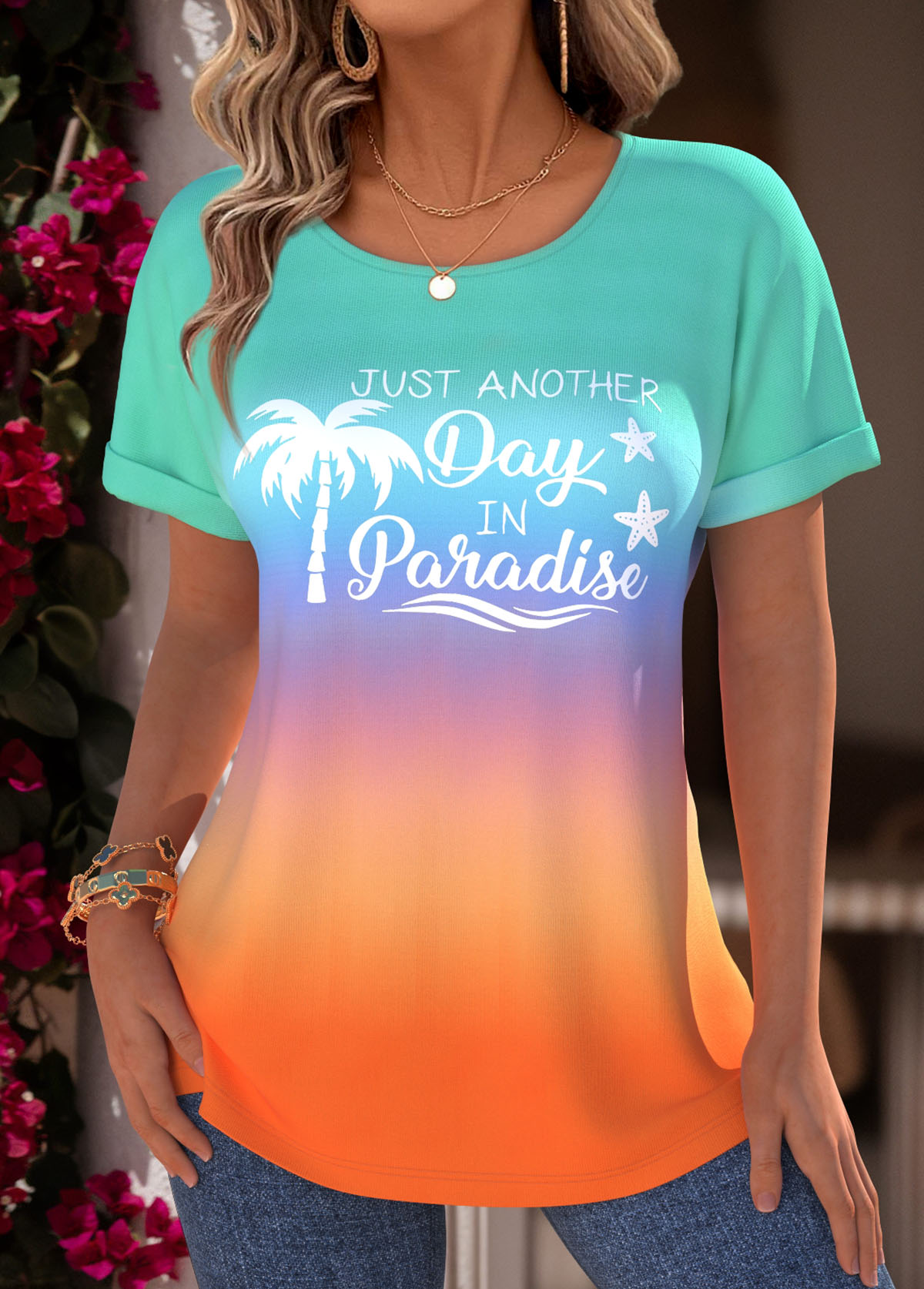 Multi Color Tummy Coverage Ombre Short Sleeve T Shirt | picture 