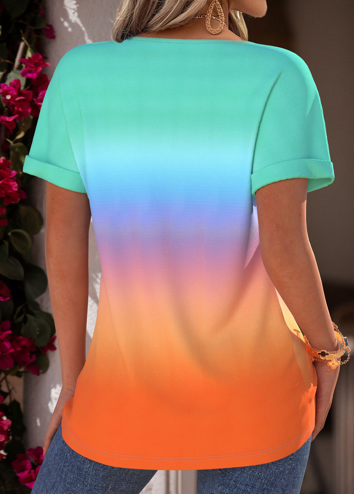 Multi Color Tummy Coverage Ombre Short Sleeve T Shirt | picture 