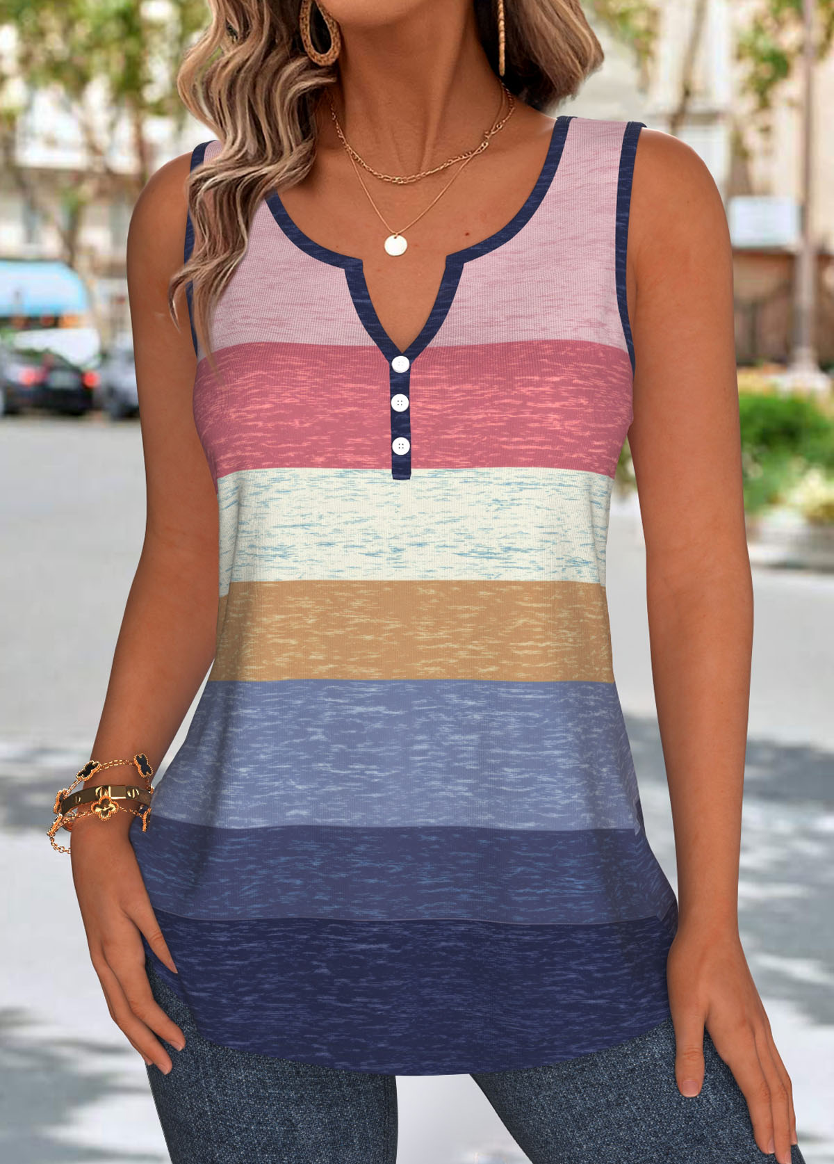 Multi Color Tummy Coverage Striped Sleeveless Tank Top | picture 