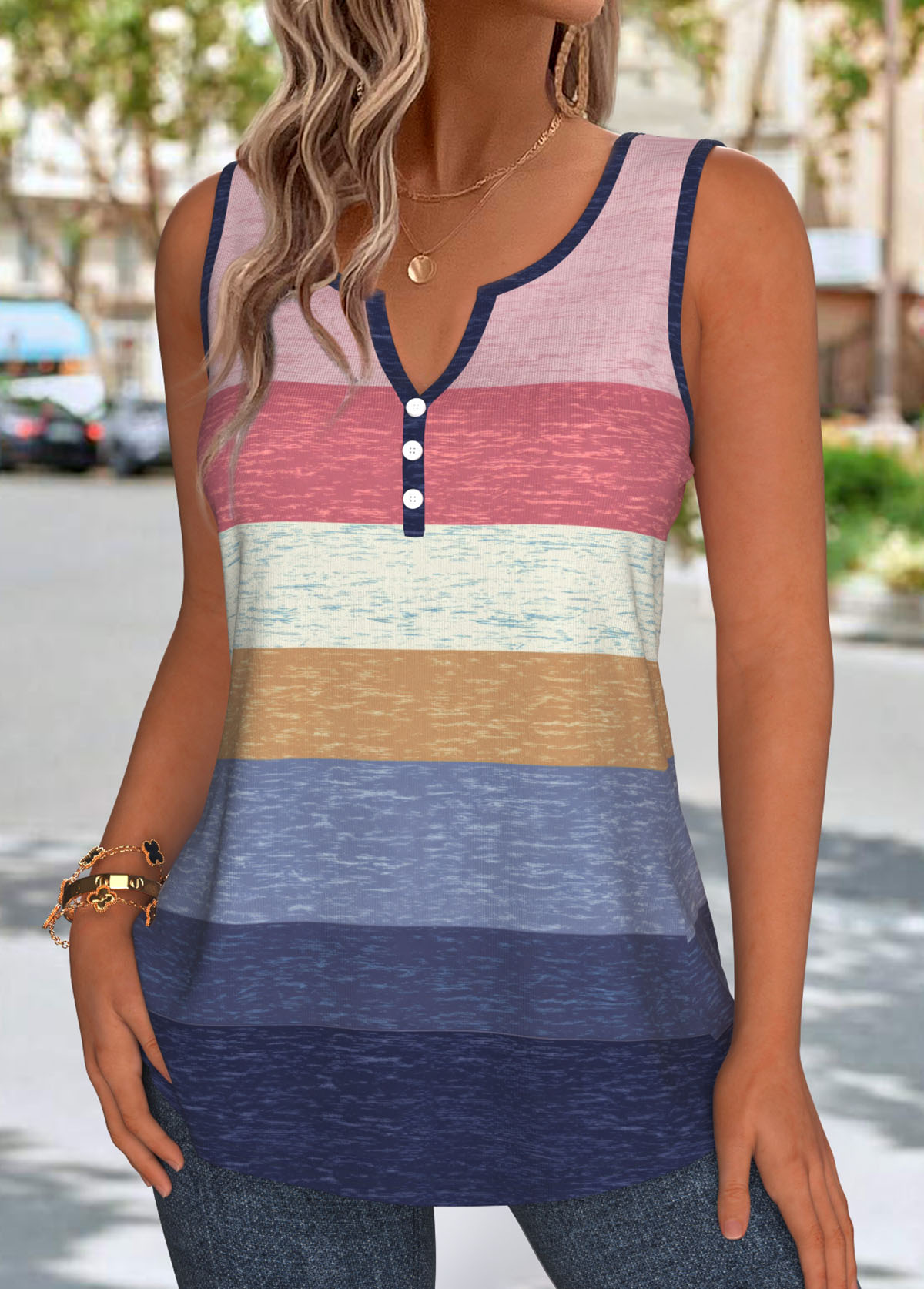 Multi Color Tummy Coverage Striped Sleeveless Tank Top | picture 