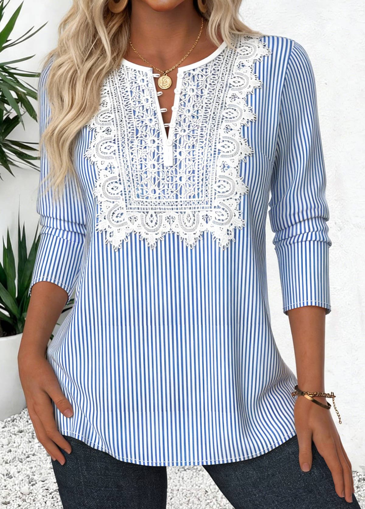 Blue Tuck Stitch Striped Long Sleeve Split Neck Blouse | picture 