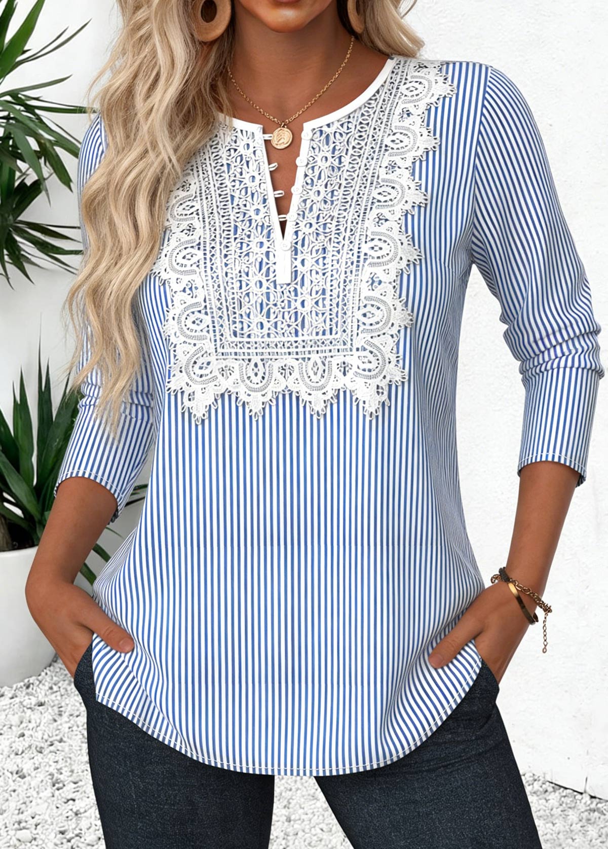 Blue Tuck Stitch Striped Long Sleeve Split Neck Blouse | picture 