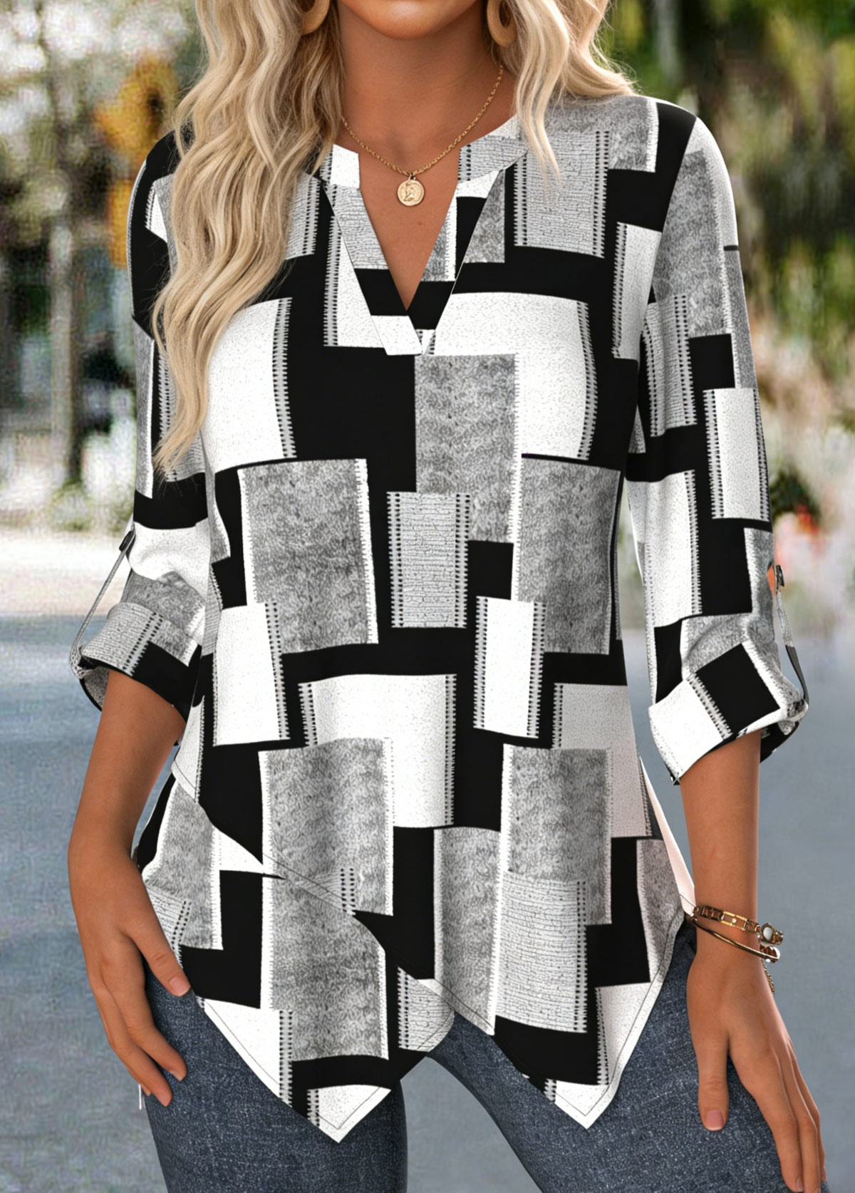 Black Handkerchief Hem Geometric Print 3/4 Sleeve Blouse | picture 