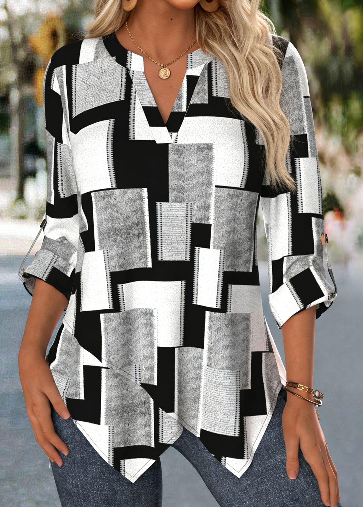 Black Handkerchief Hem Geometric Print 3/4 Sleeve Blouse | picture 