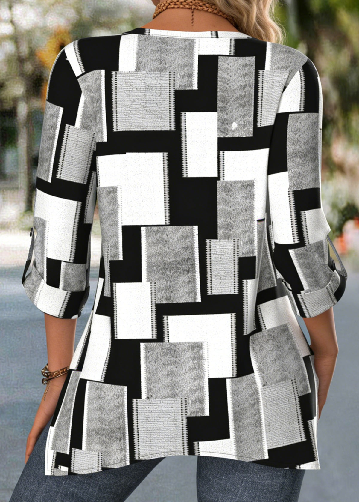 Black Handkerchief Hem Geometric Print 3/4 Sleeve Blouse | picture 