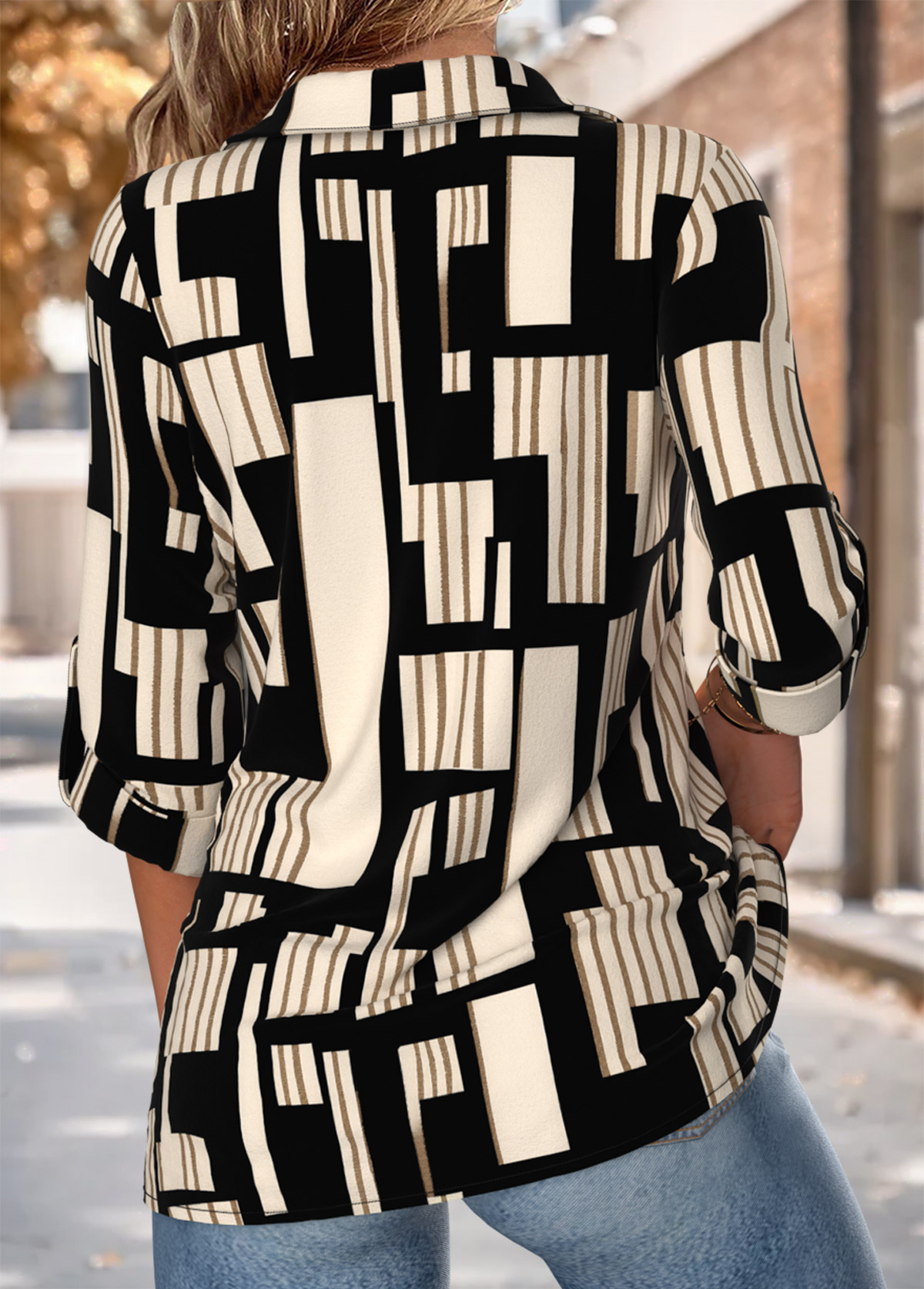 Multi Color Tummy Coverage Geometric Print Short Sleeve Shirt | picture 