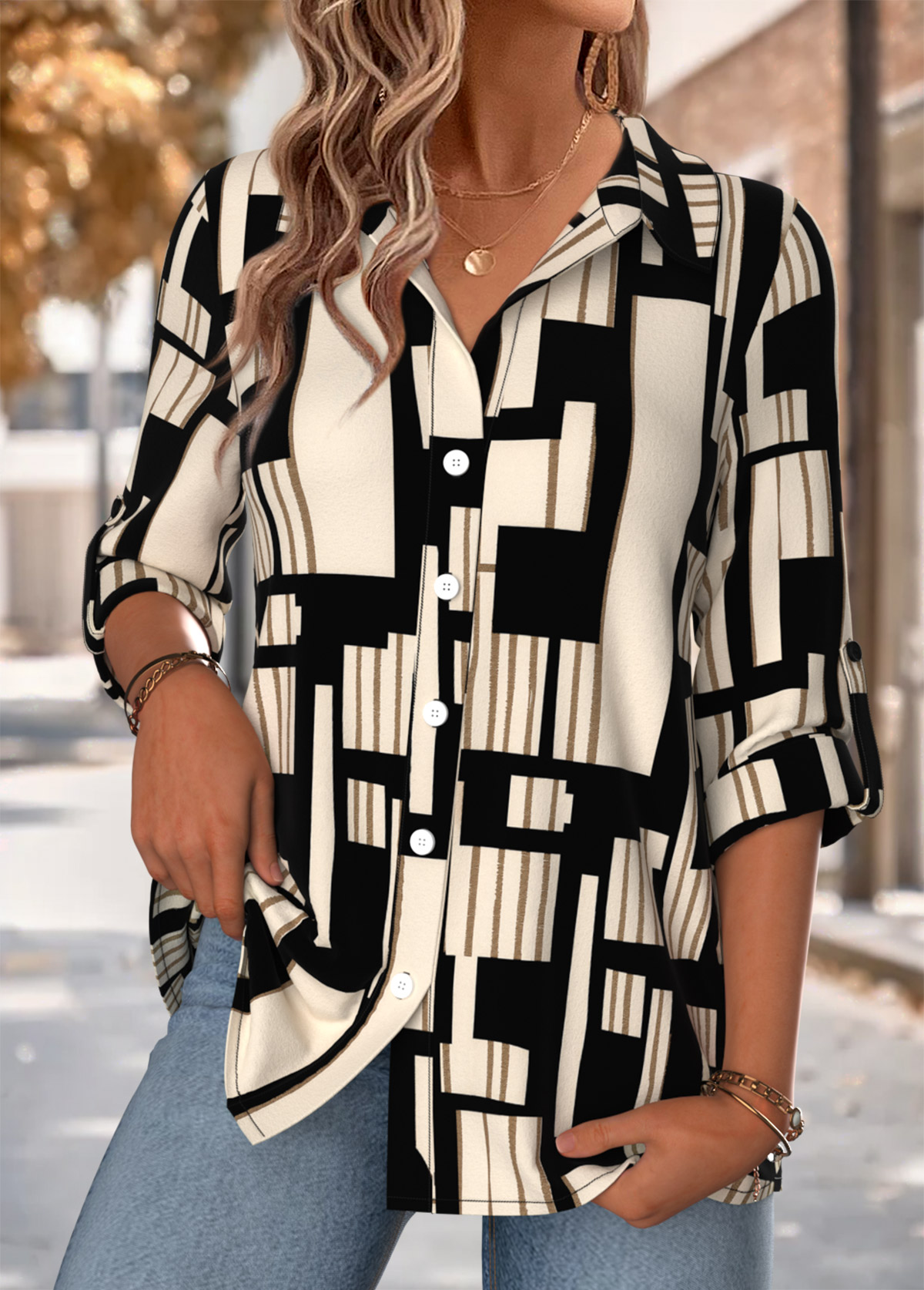 Multi Color Tummy Coverage Geometric Print Short Sleeve Shirt | picture 