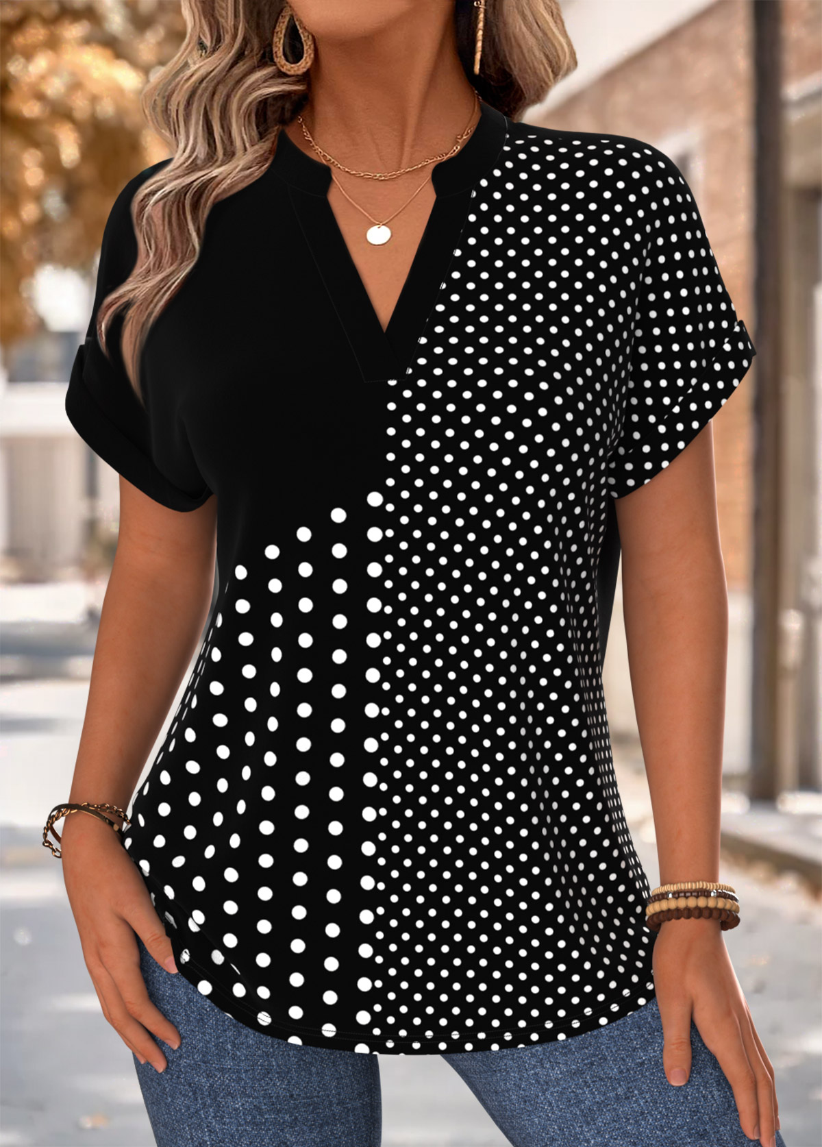 Black Tummy Coverage Polka Dot Short Sleeve Blouse | picture 