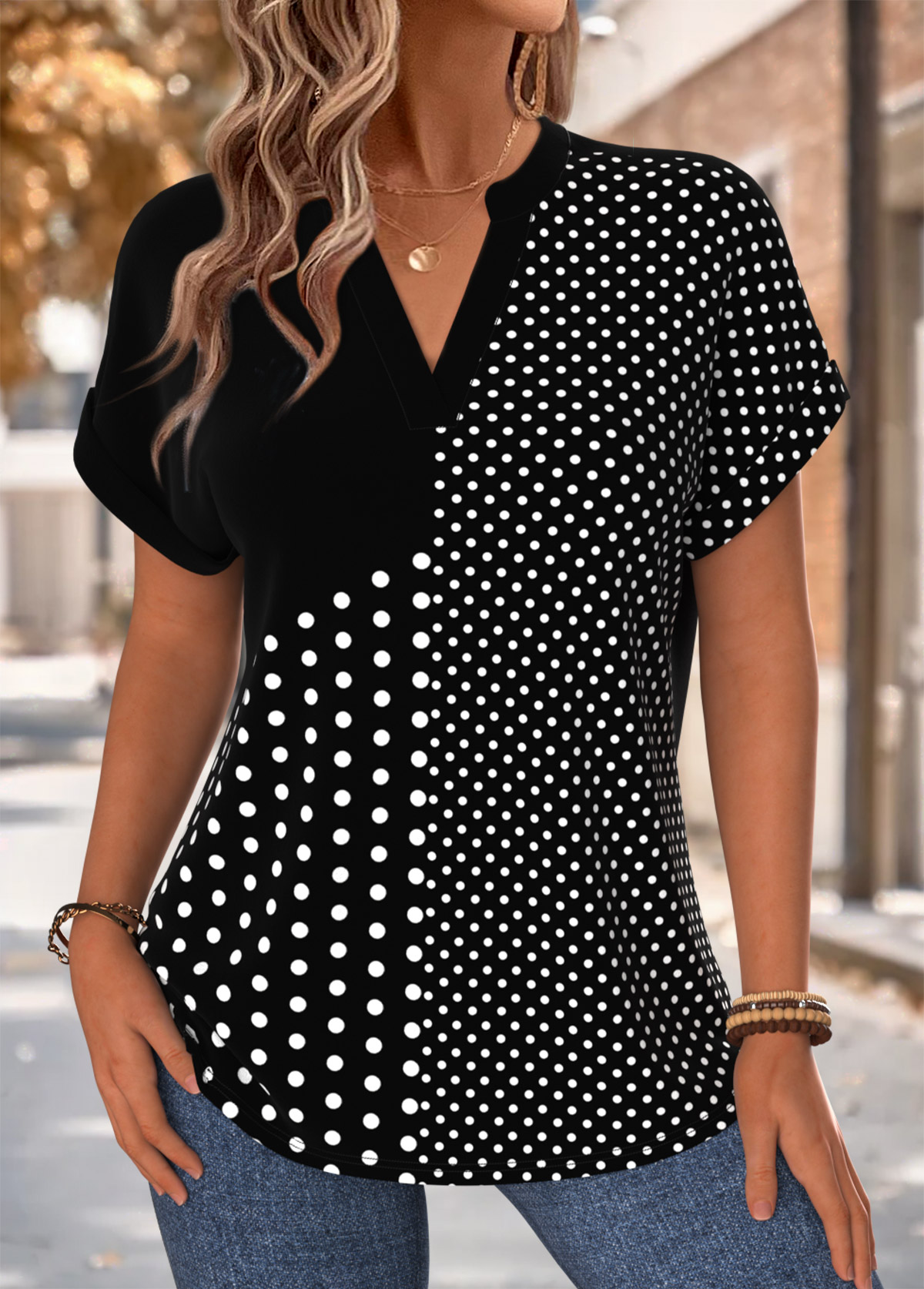 Black Tummy Coverage Polka Dot Short Sleeve Blouse | picture 