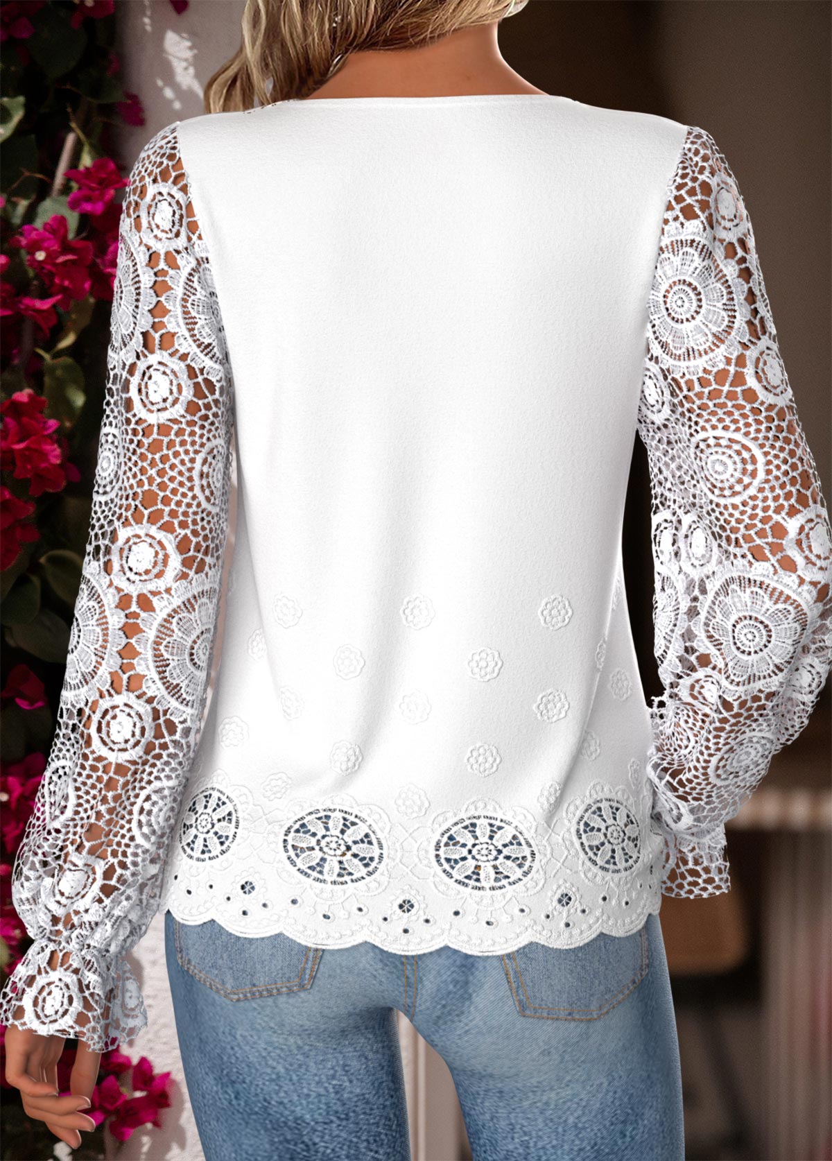 White Patchwork Long Sleeve V Neck Blouse | picture 