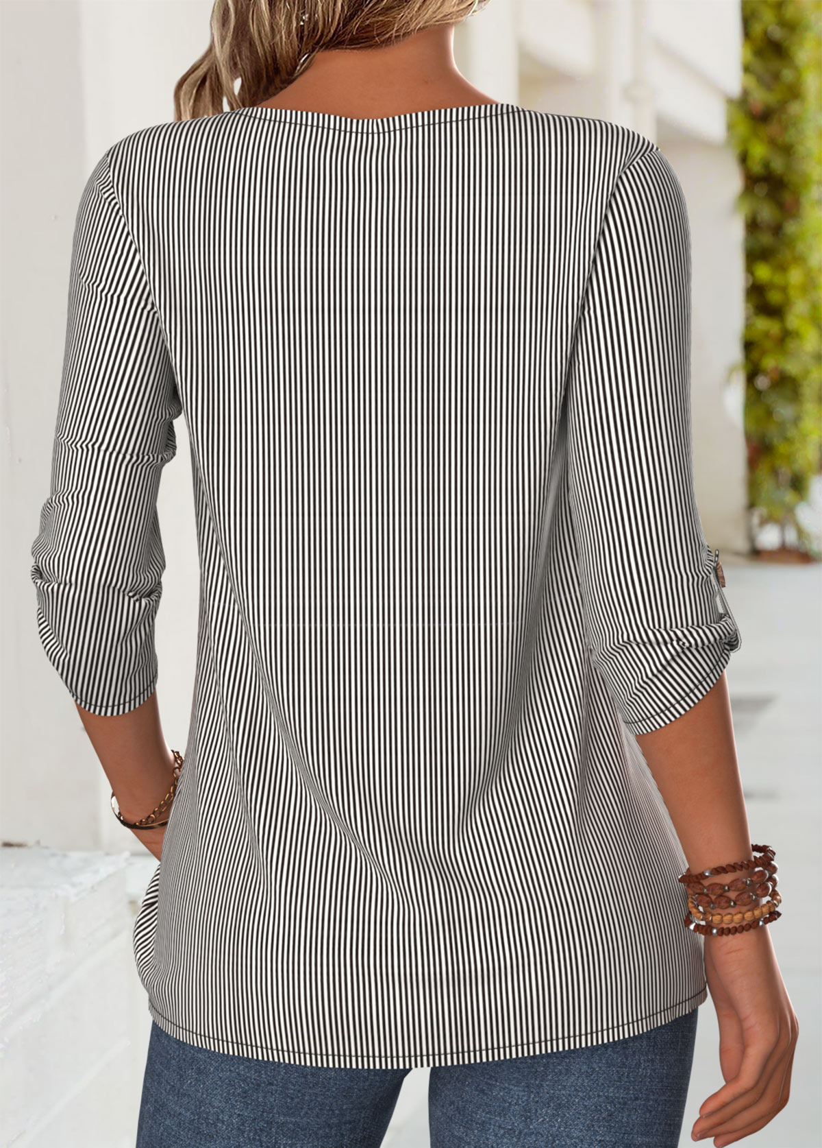 Dark Grey Tummy Coverage Striped 3/4 Sleeve Blouse | picture 