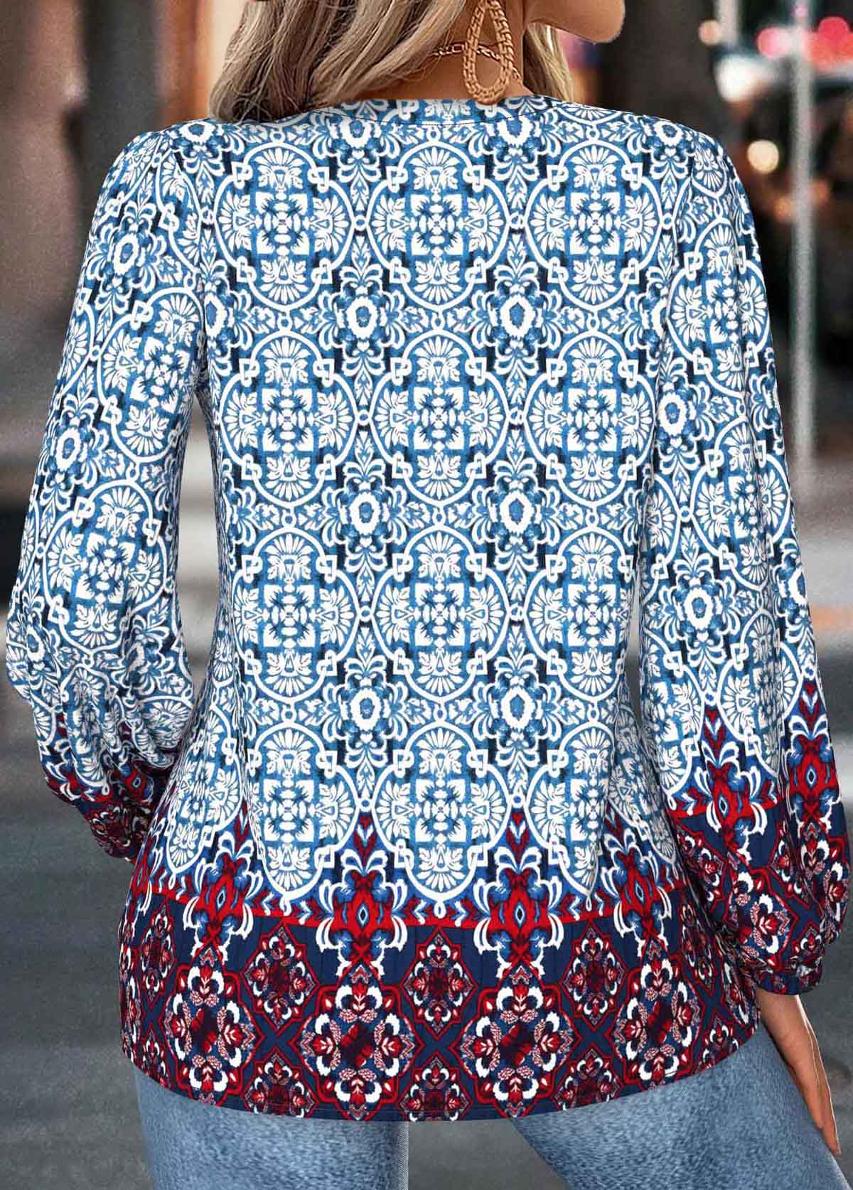 Dusty Blue Tummy Coverage Tribal Print Long Sleeve Blouse | picture 