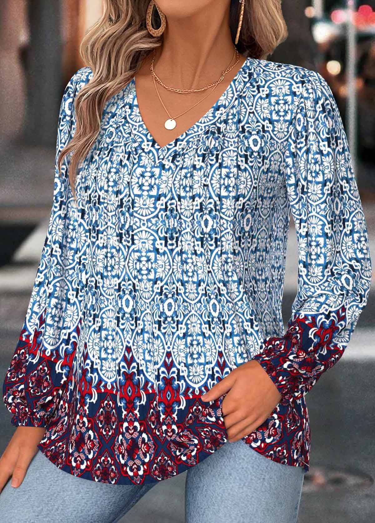 Dusty Blue Tummy Coverage Tribal Print Long Sleeve Blouse | picture 