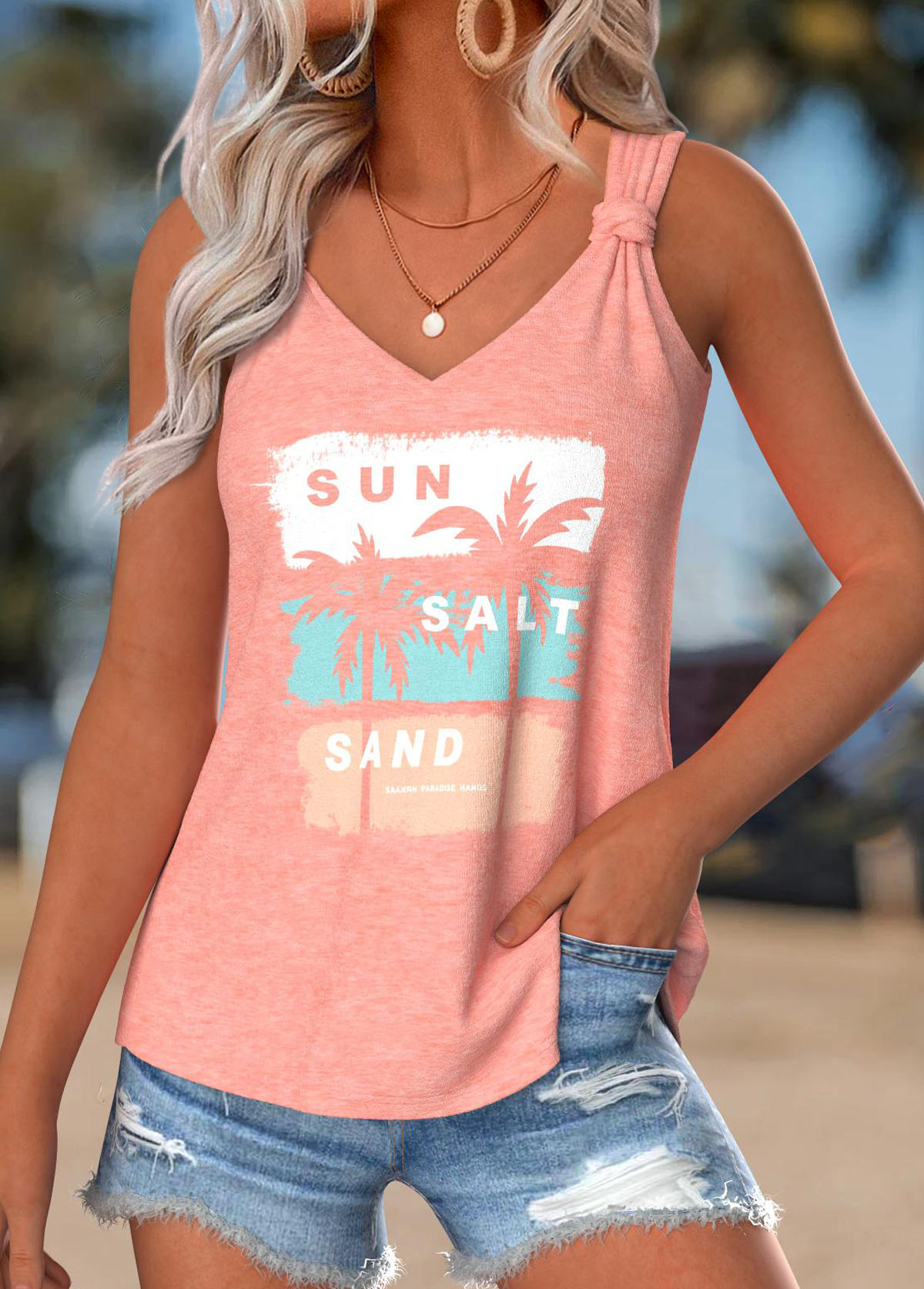 Dusty Pink Tummy Coverage Tropical Plants Print Tank Top | picture 