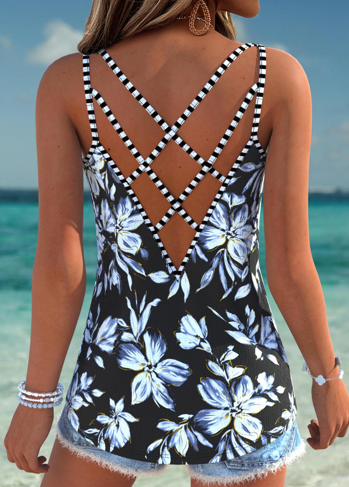 Black Tummy Coverage Floral Print Strappy Camisole Top | picture 