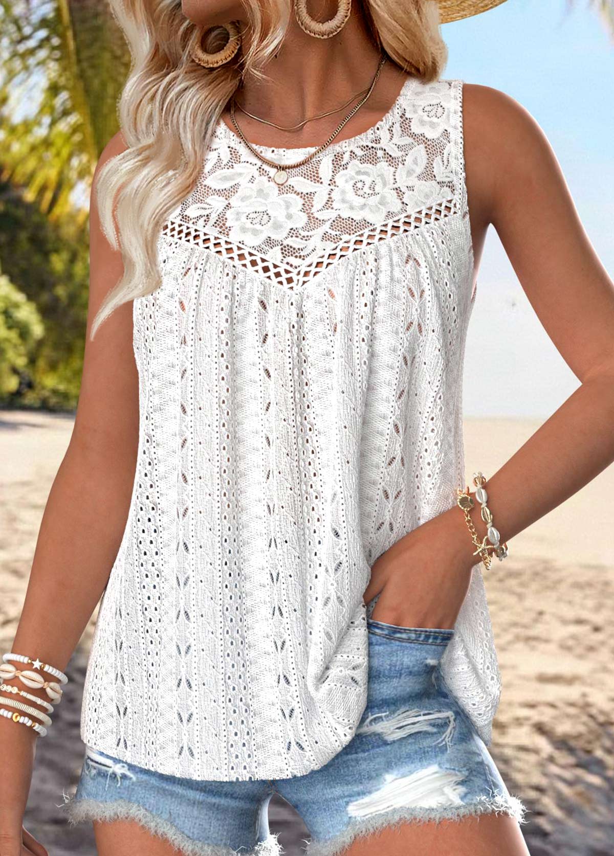 White Tummy Coverage Sleeveless Round Neck Tank Top | picture 