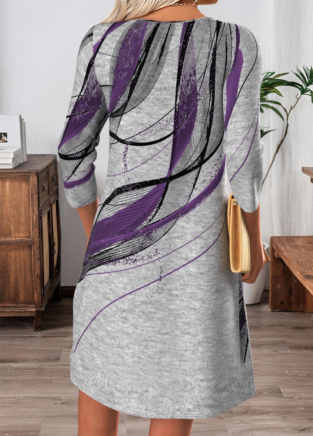 Grey Tummy Coverage Short Long Sleeve Split Neck Dress | picture 